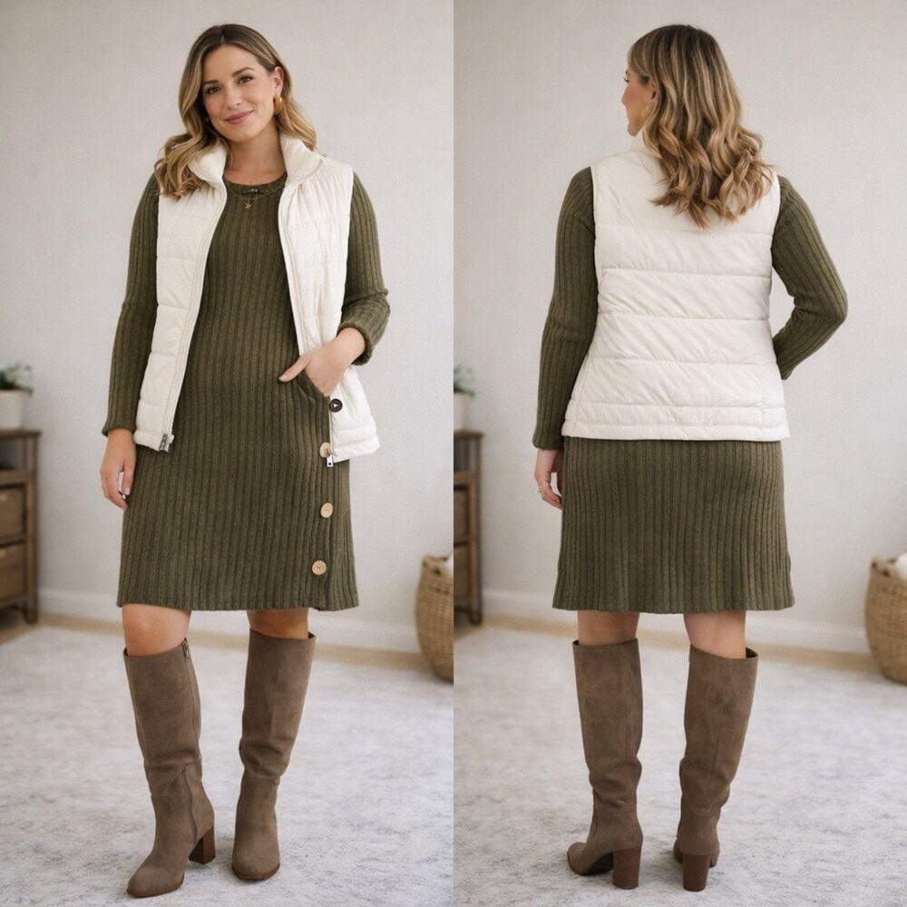 Olive Green Stretch Dress Cute Buttons Down The Side Soft, Womens Size Medium